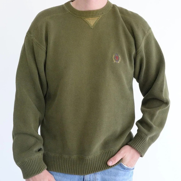 Vintage Y2K Tommy Hilfiger Olive Green  Crewneck Knit Sweater Size Medium - Picture 1 of 13